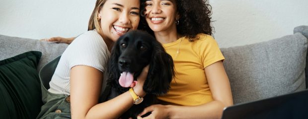 Dog, portrait or happy gay couple in home to relax together in healthy relationship or love connect
